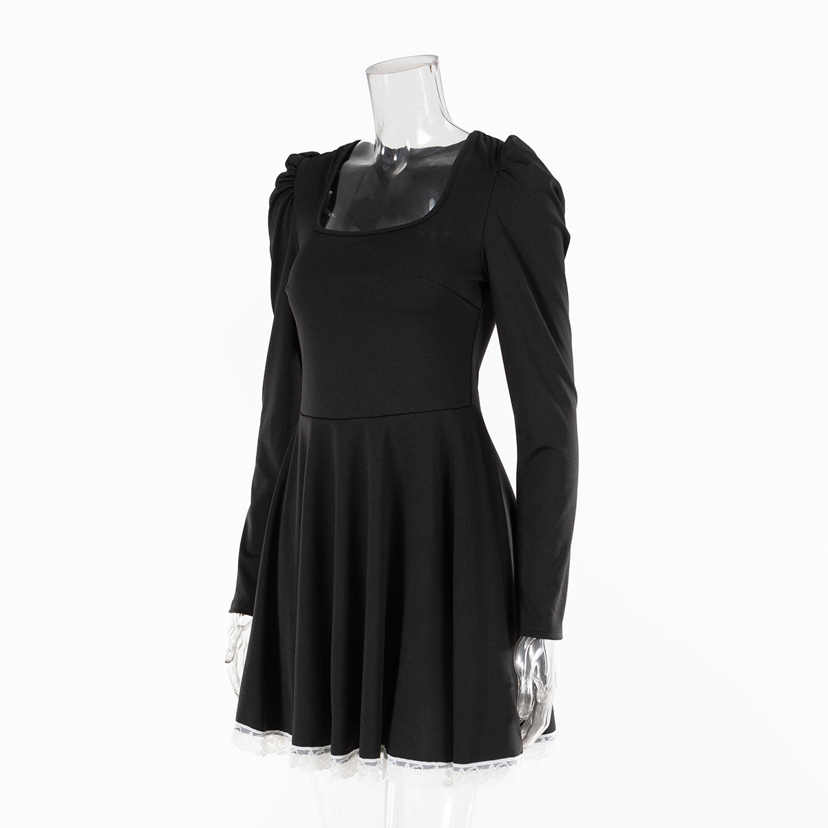 Chic Square Collar Long Sleeve Women Lace Patchwork Slim Waist A-Line Dress 9