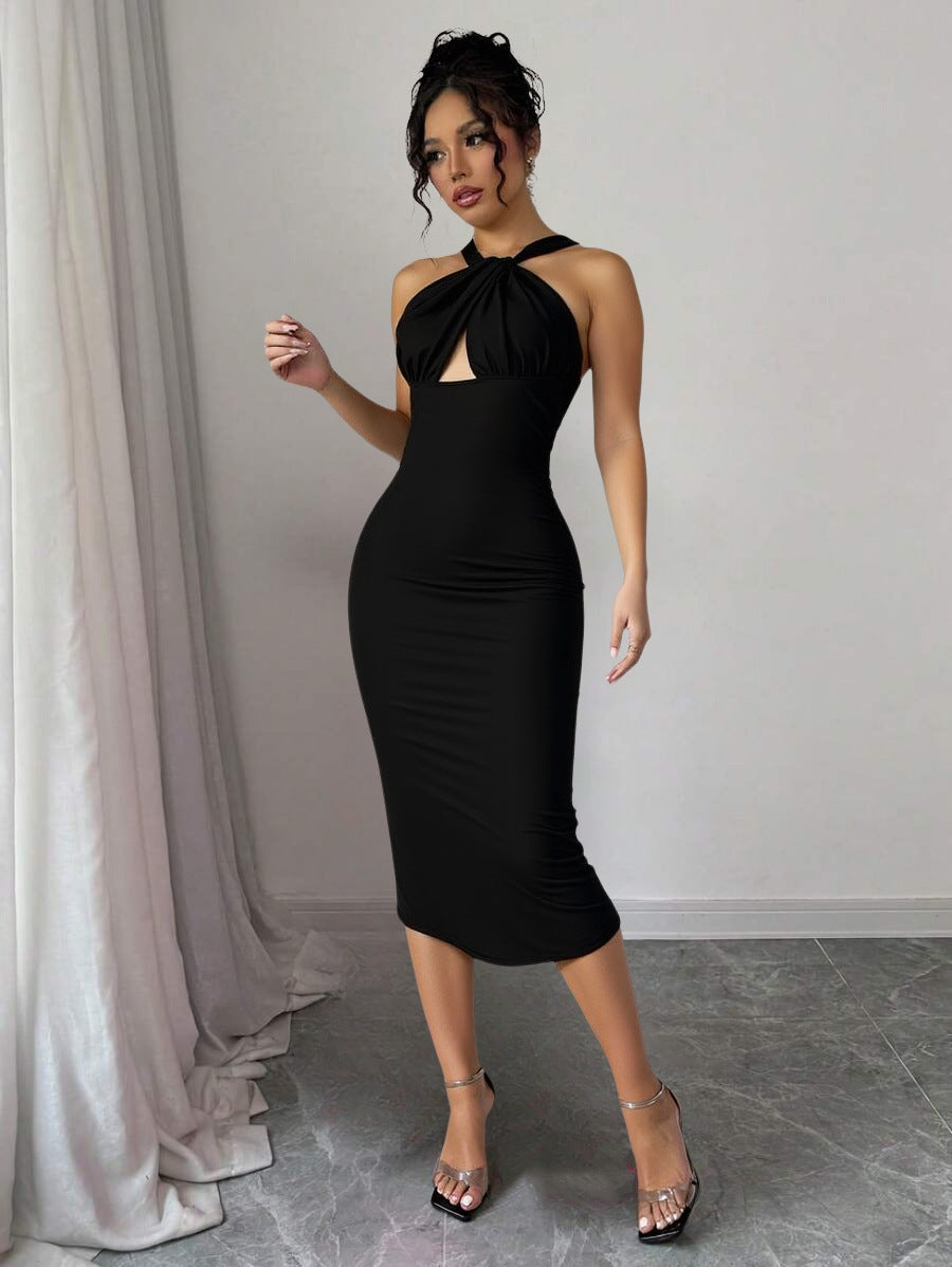 Women Halter Neck sexy Backless pearl chain fishtail Strapless dress