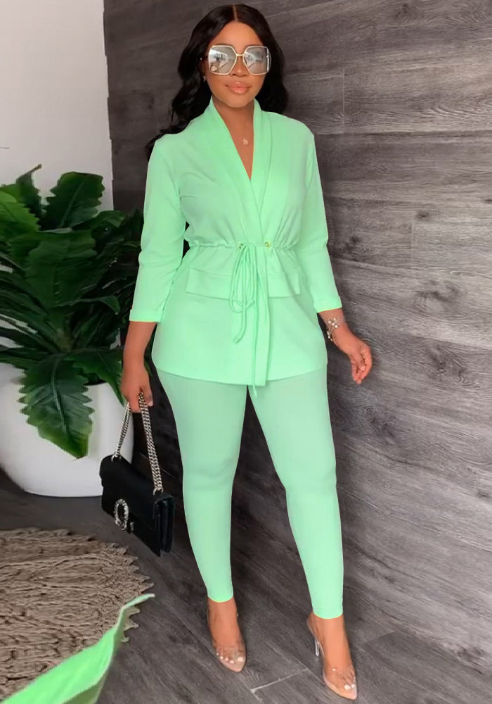 Women Casual Lace-Up Blazer + Pant Two Piece Set
