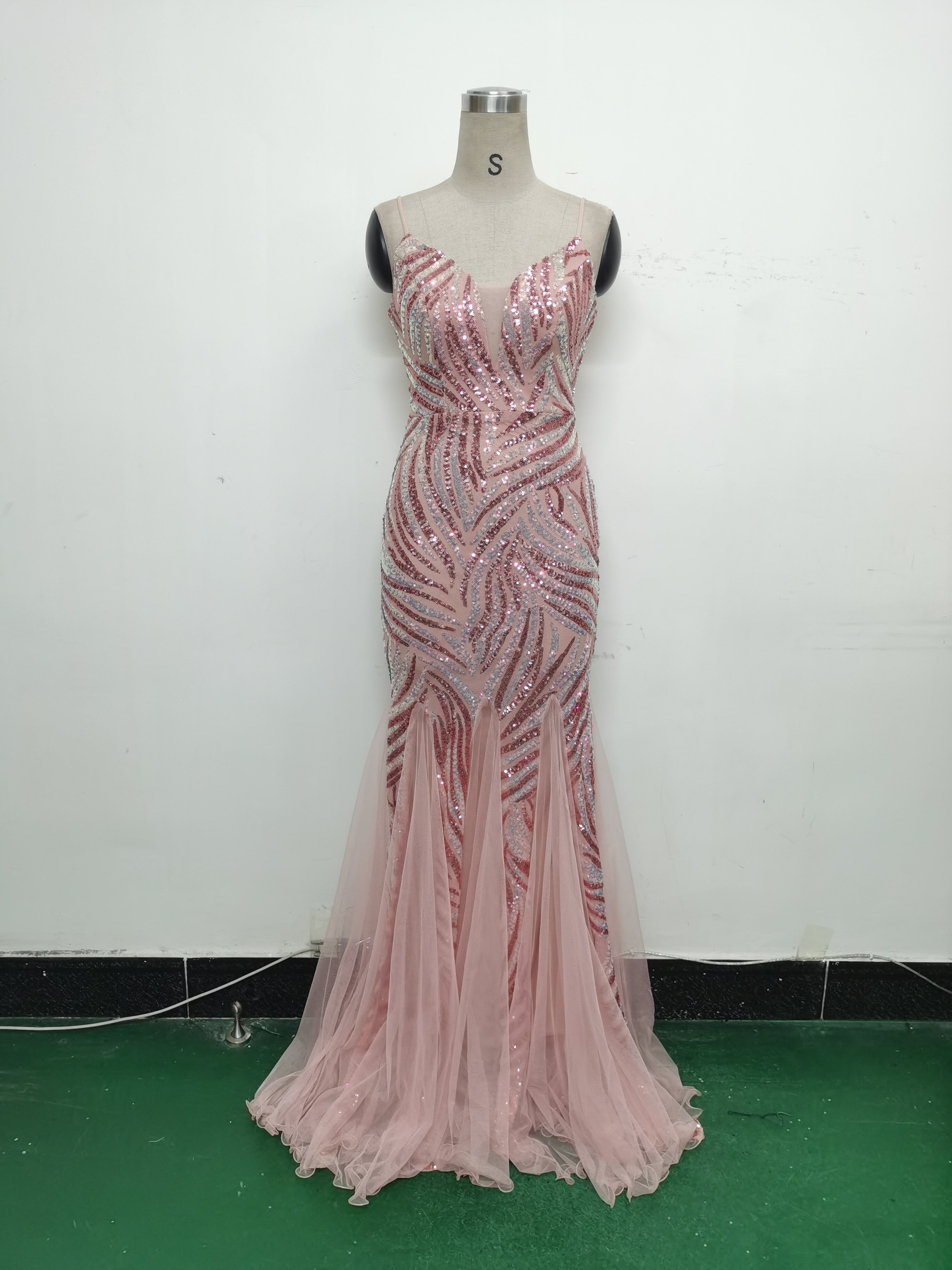 Sequin Patchwork Mesh Strap evening dress 34