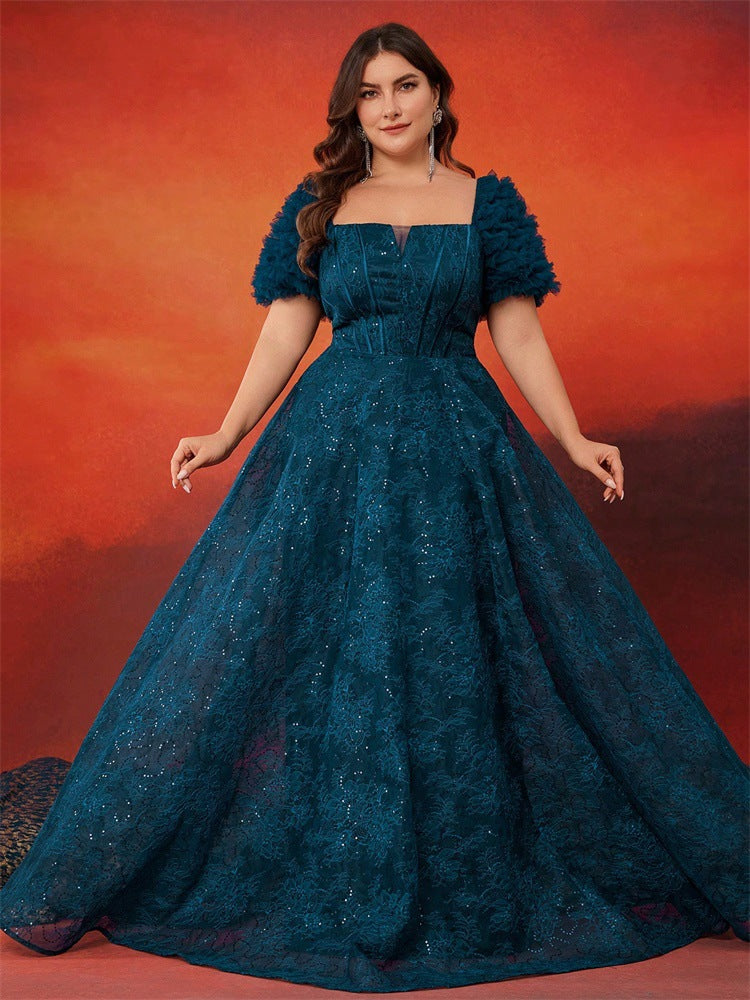 Plus Size A-Line Elegant Square Neck Short-Sleeve Party Dress Slim Waist Chic Ball Gown 4