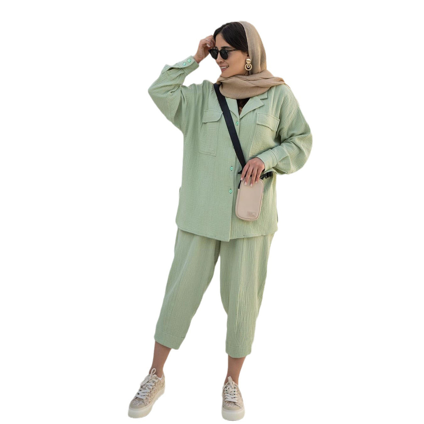 Women's Fashion Loose Solid Color Turndown Collar Long Sleeve Shirt Nine-Point Pants Two Piece Set 7