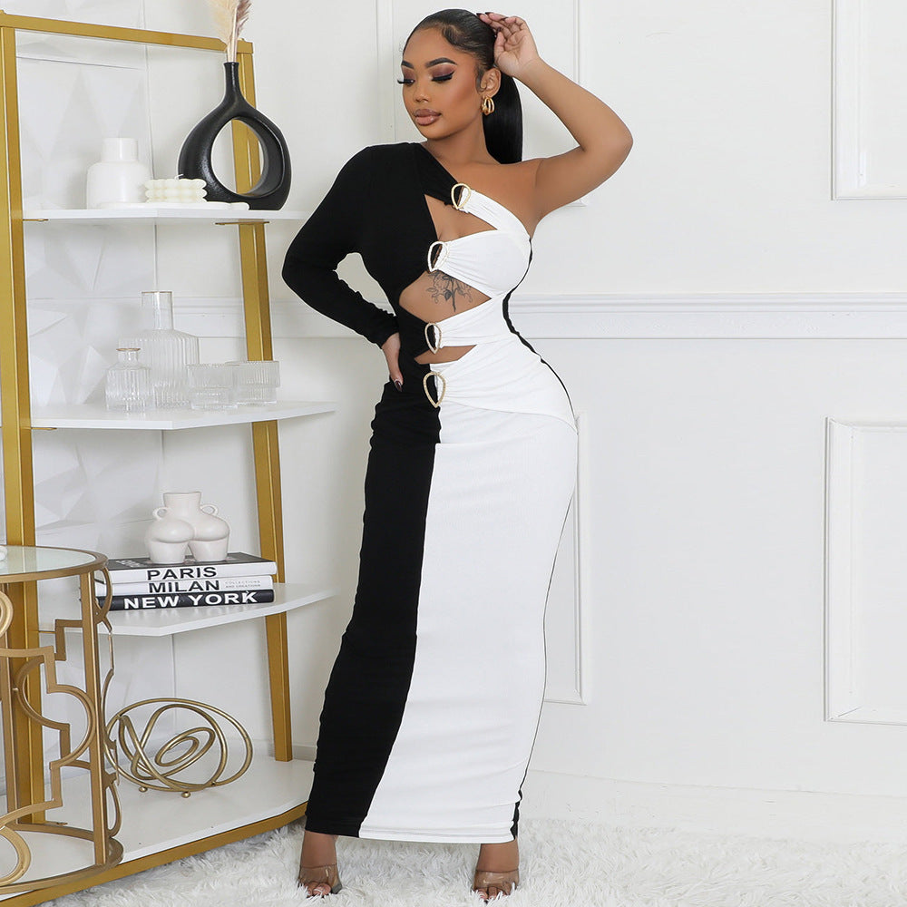 Women Fall/Winter Contrast Metal Decoration Single Sleeve Dress 3