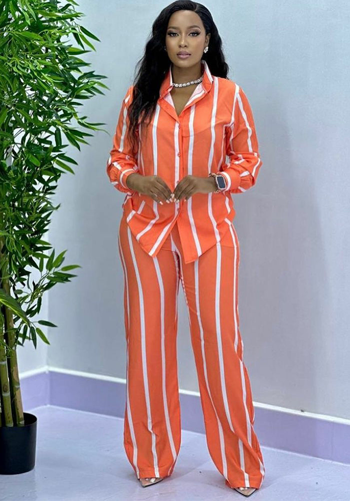 Fashion Casual Women's Spring And Autumn Striped Long Sleeve Shirt Loose Pants Women's Two-Piece Set 6