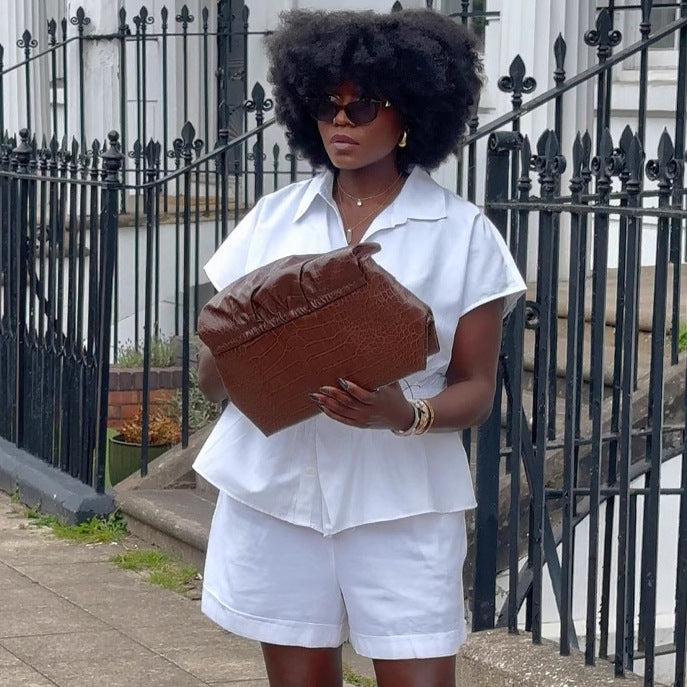 African Women casual turndown collar shirt with solid shorts two-piece set 3