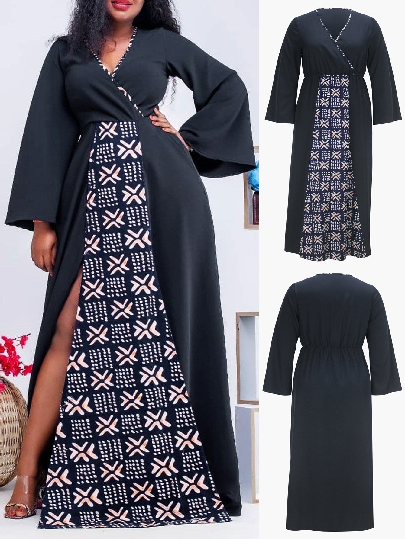 Spring And Autumn Women's Wrap V-Neck Side Slit Slim Waist Plus Size Dress 3