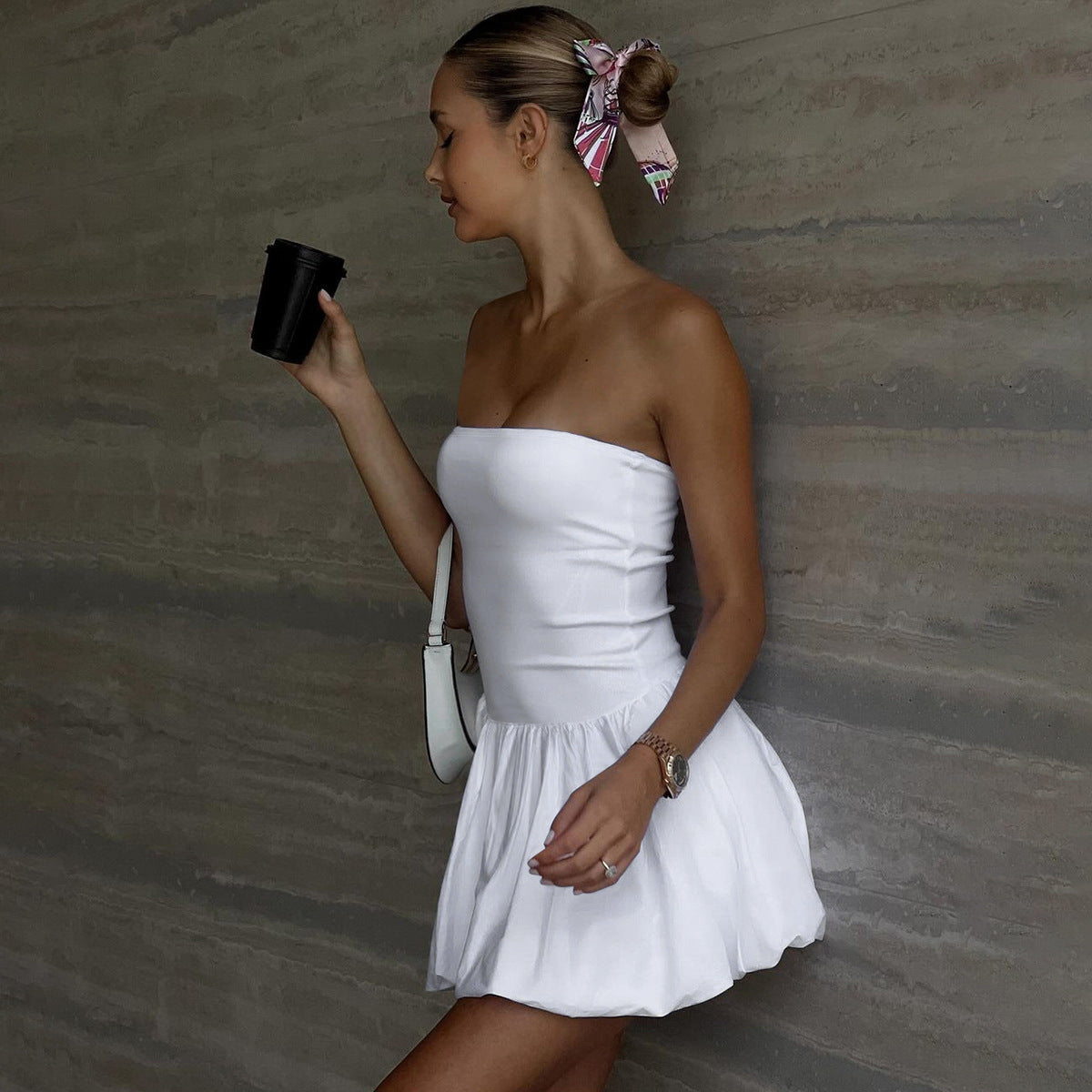 Women's Summer Fashion Sexy Solid Color Strapless Slim Waist A-Line Dress 6