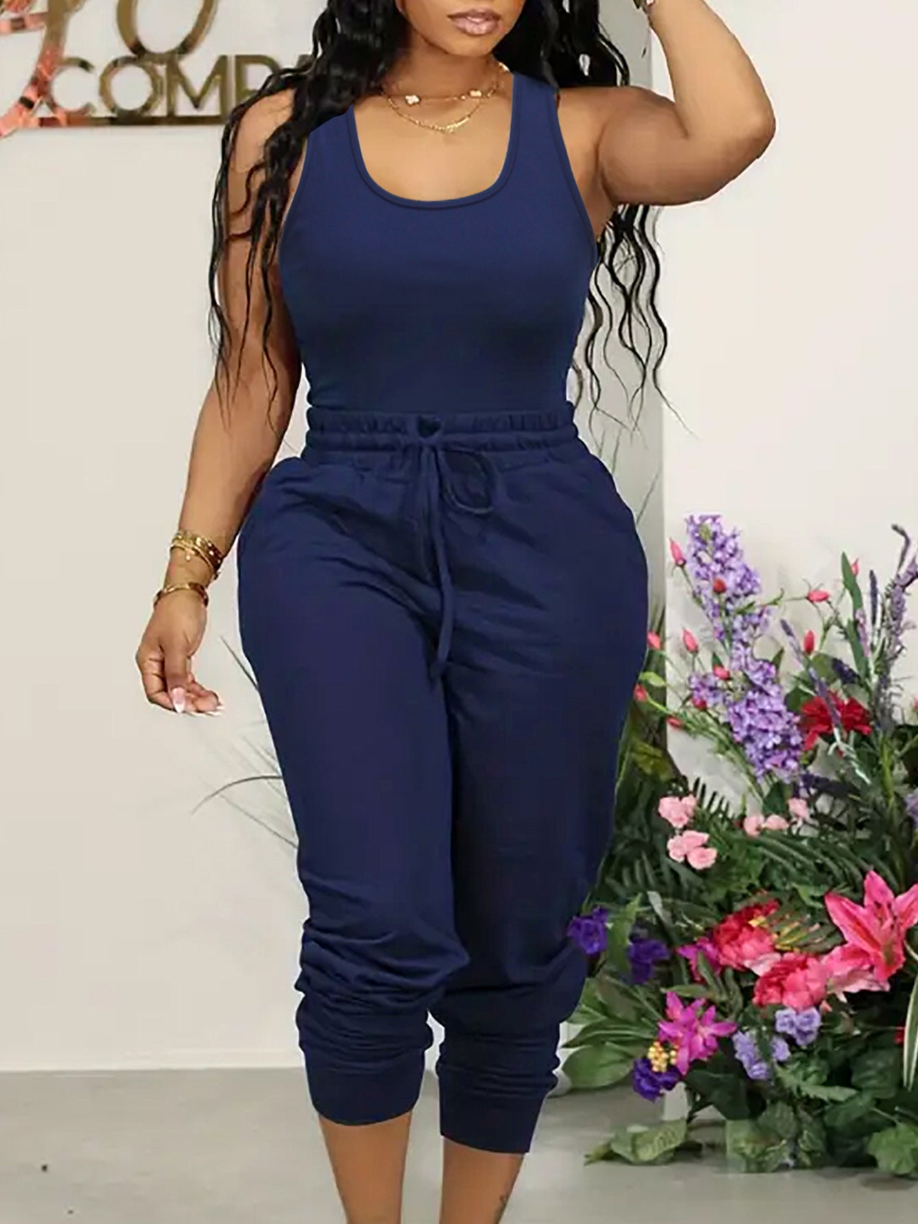 Women Casual Solid Vest and Pants Two-piece Set 3