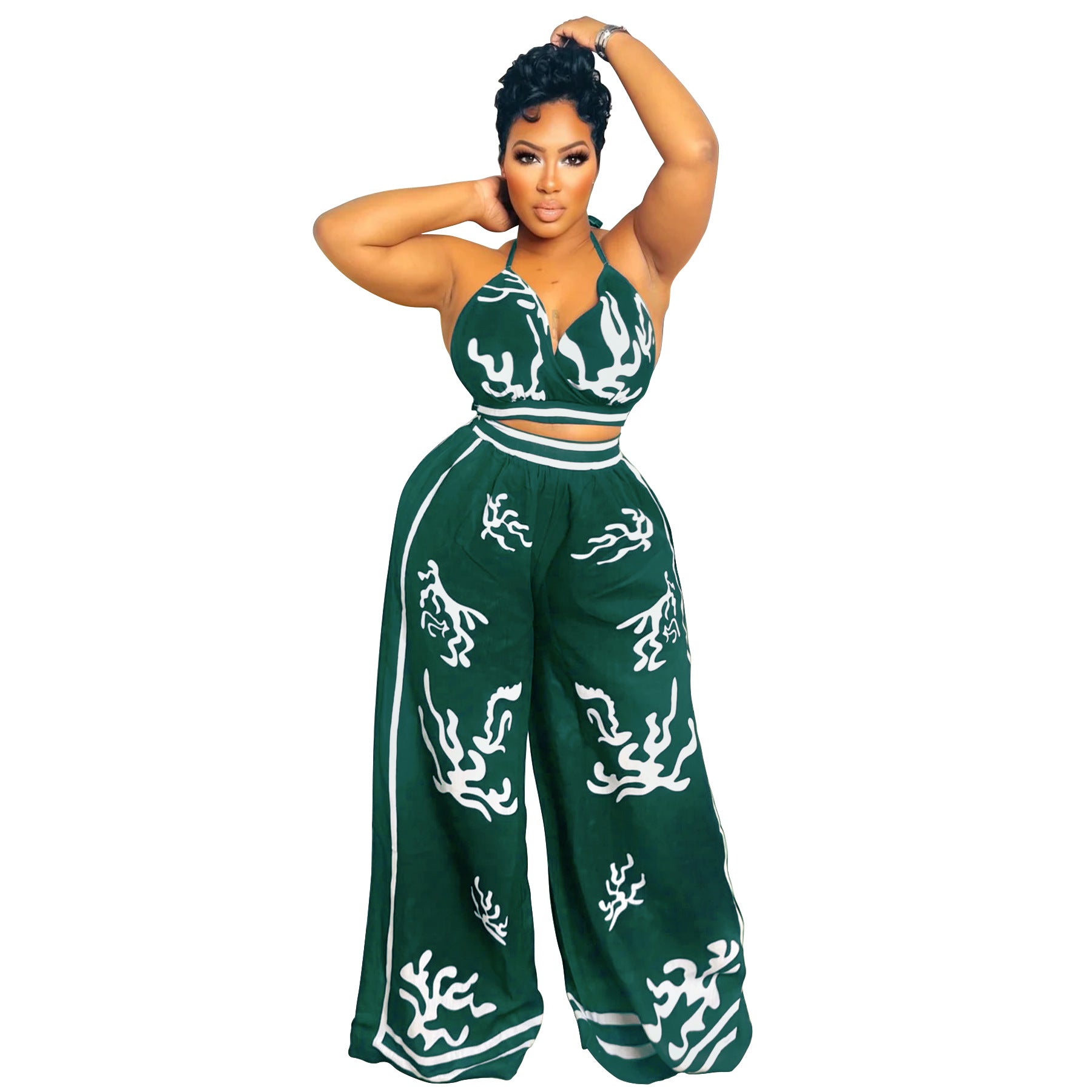 Summer Sexy Print Halter V Neck Vest Wide Leg Pants Two Piece Set 41