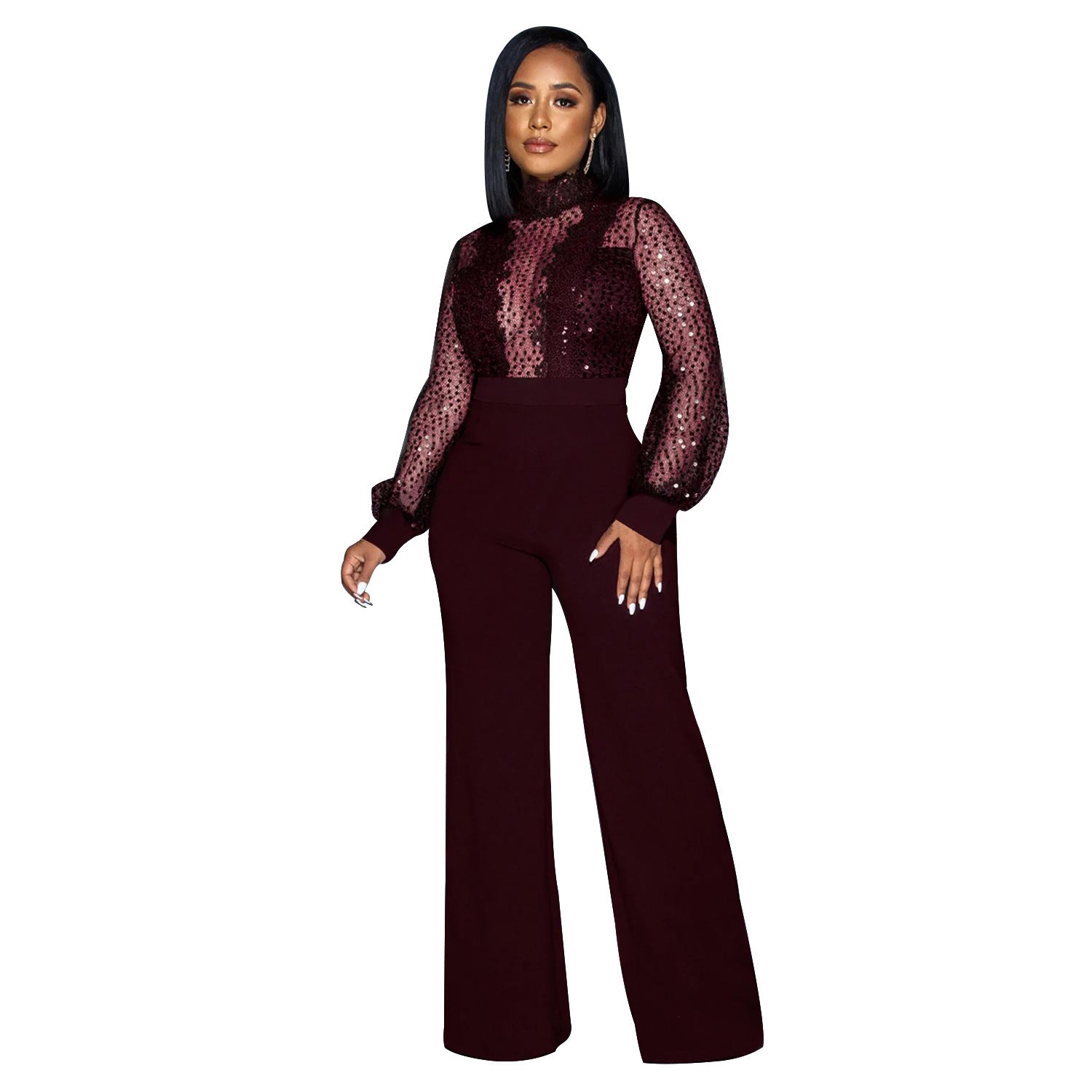 Women Cutout See-Through Long Sleeve Tie Jumpsuit（customized,MOQ 6pcs/size/color,process time 7-10 days） 13