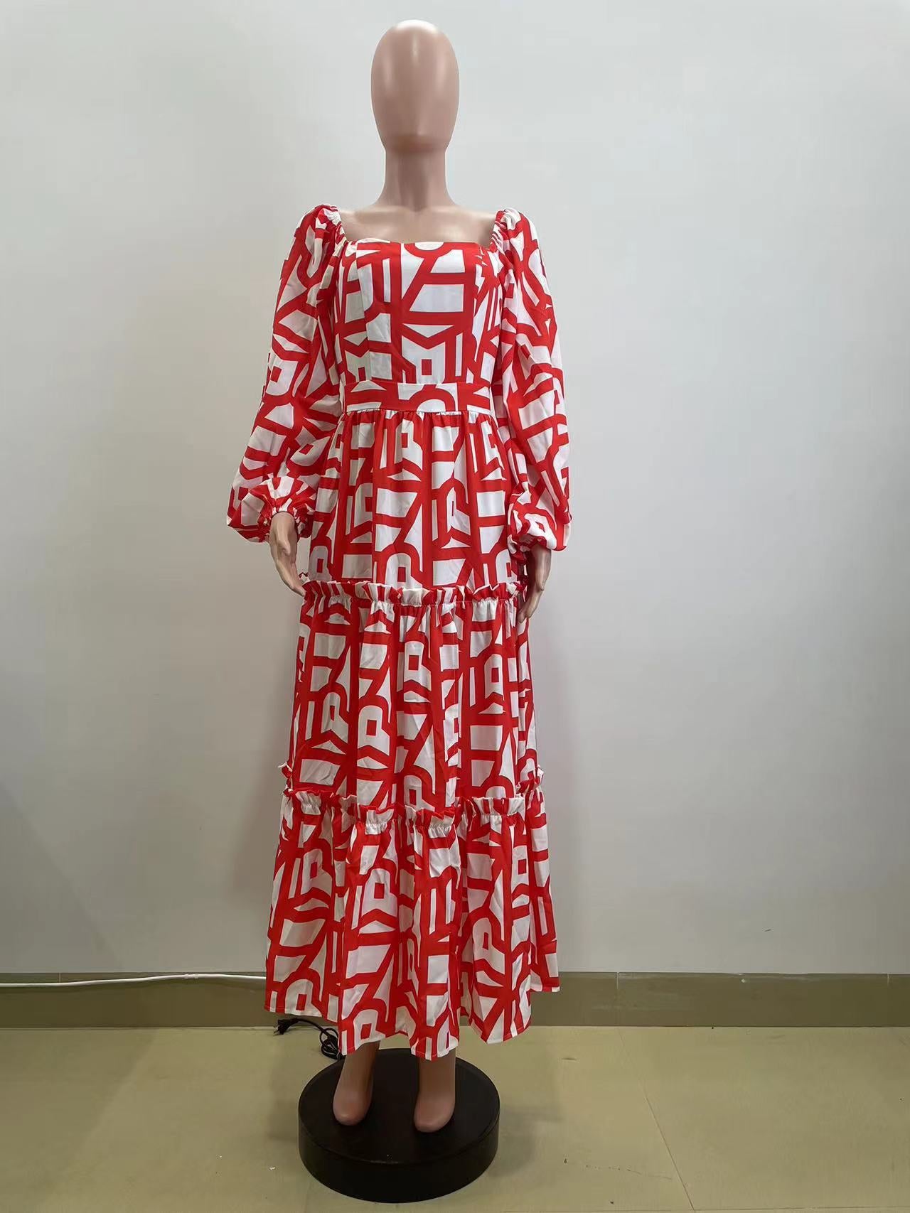 Women spring elegant slit printed u-neck dress 9