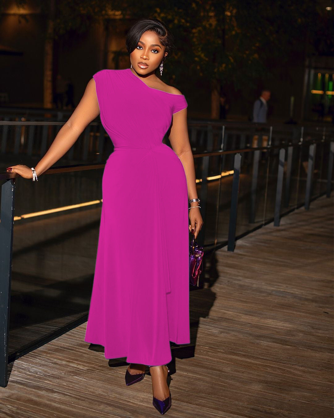 Summer African Women's Solid Color Slash Shoulder Slim Waist Evening Dress 7