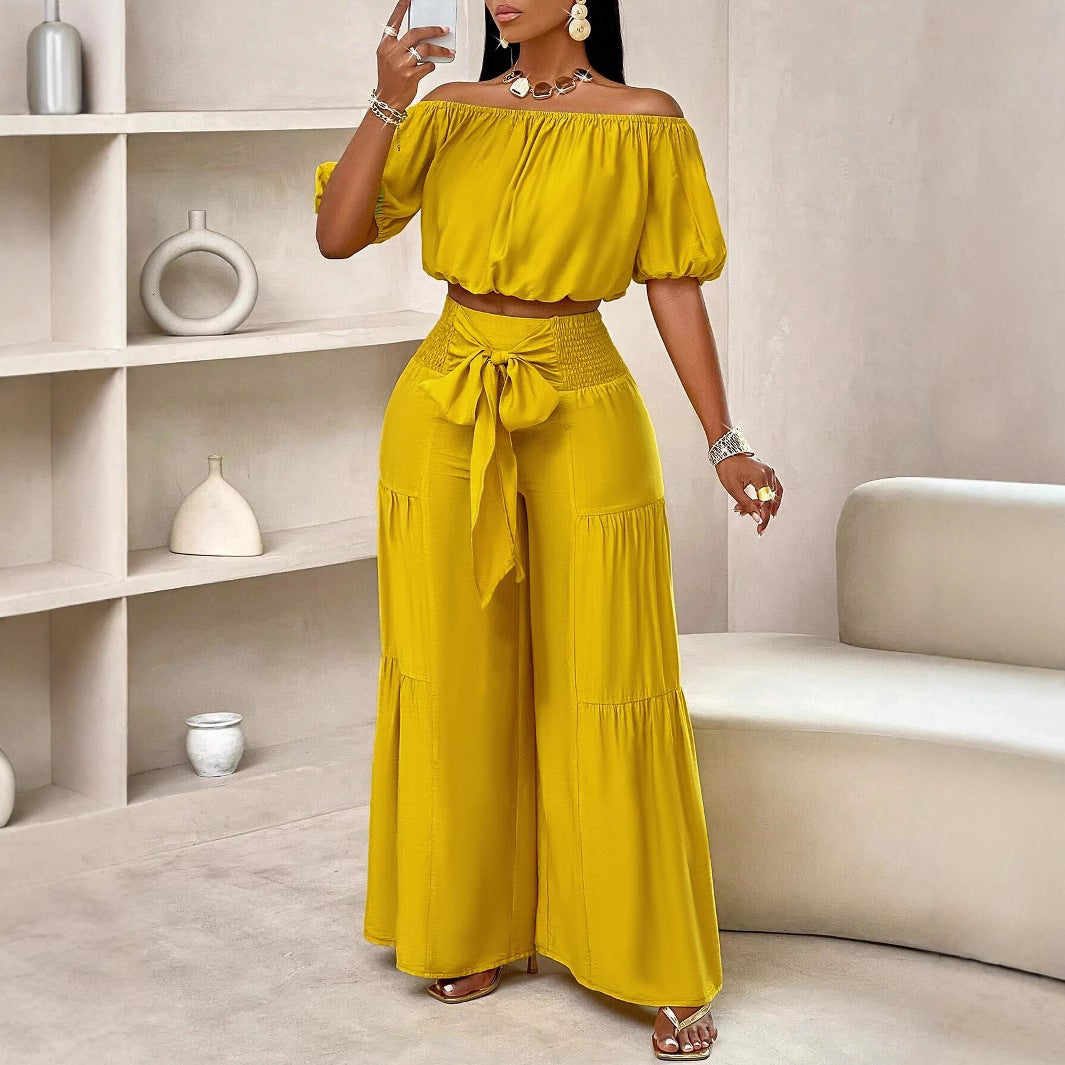 Women Short Sleeve Top Lace-Up Pleated Wide Leg Pants Two Piece Set