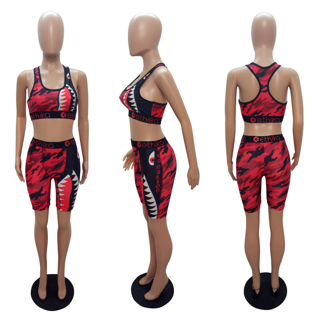 Cartoon Print Casual Camouflage Tank Biker Shorts Two-Piece Set 18