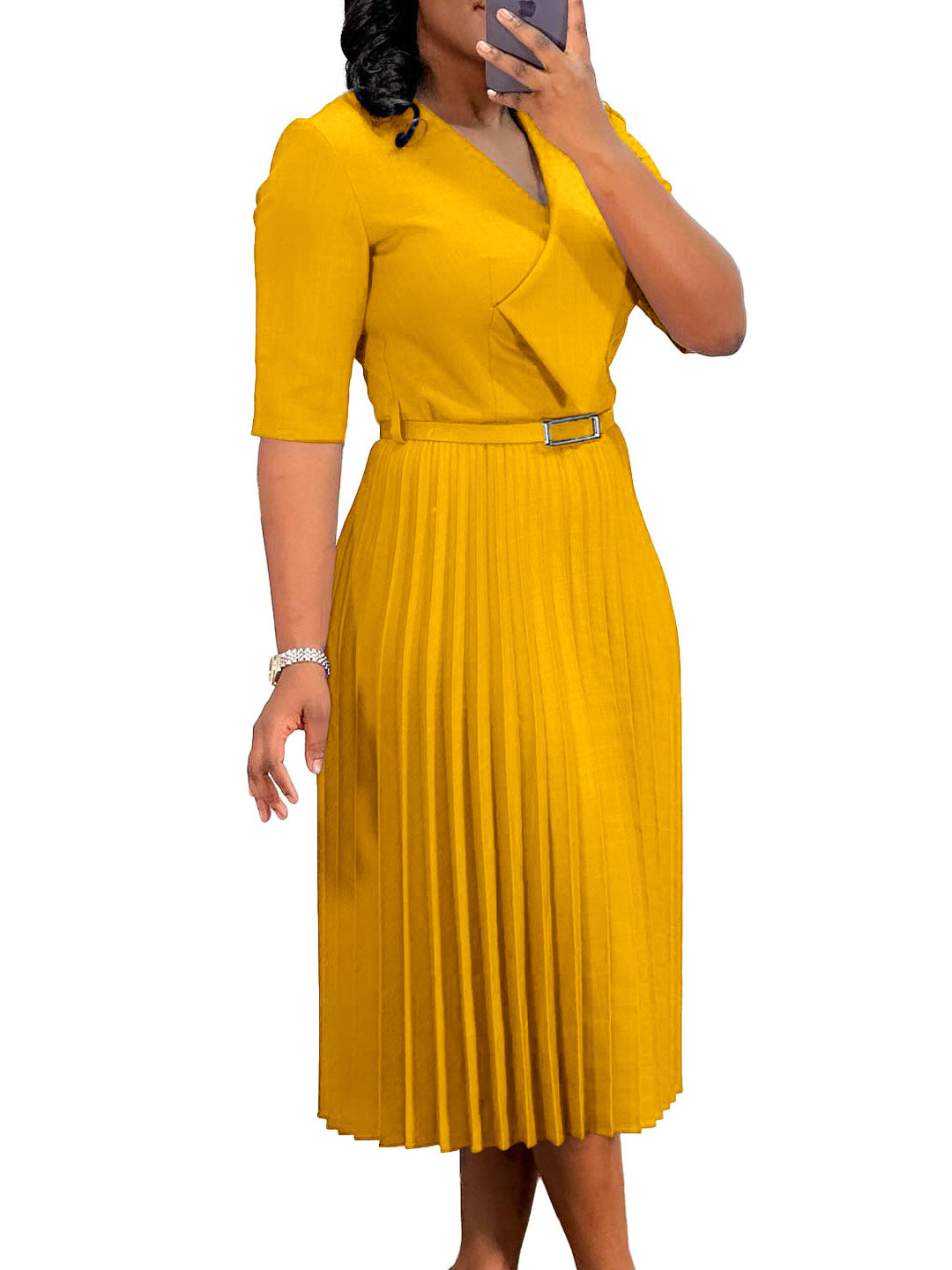 Women's Solid Color V Neck Fashion Chic Pleated African Dress 6