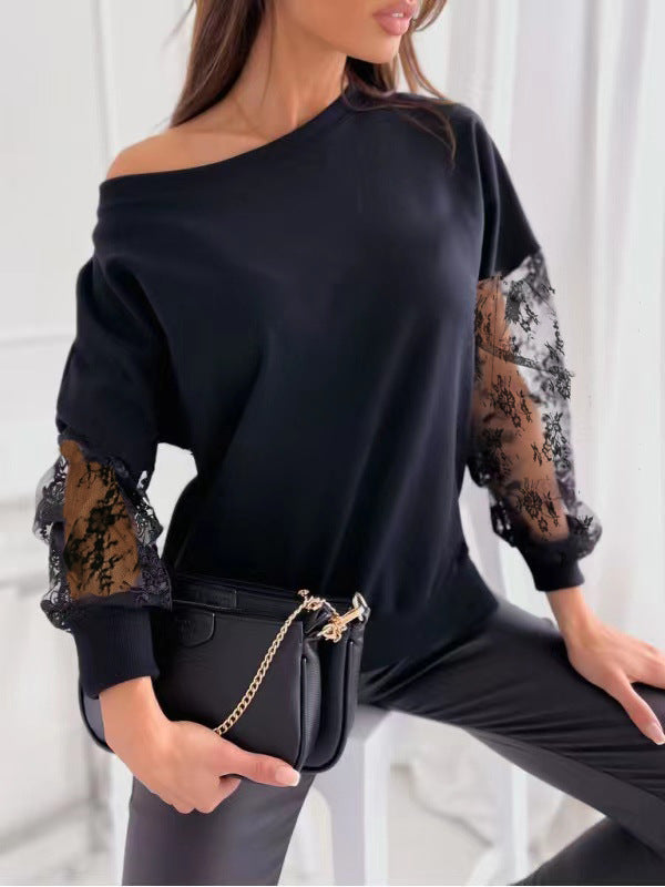 Spring Solid Color Chic Lace Patchwork Slash Shoulder Loose Long-Sleeved Lace Shirt 7