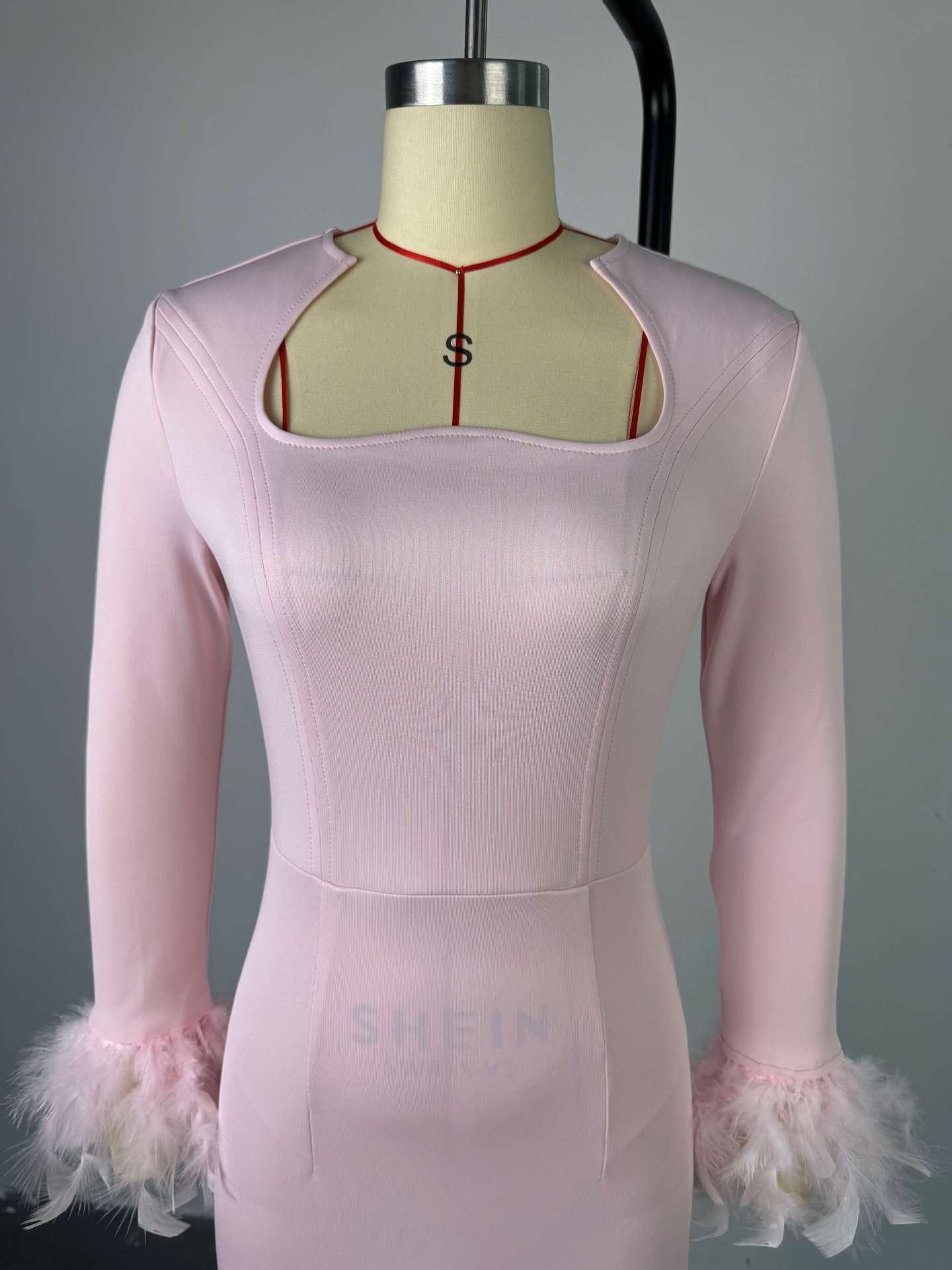 Women's autumn square neck feather long sleeve  high waist Slim midi dress 10