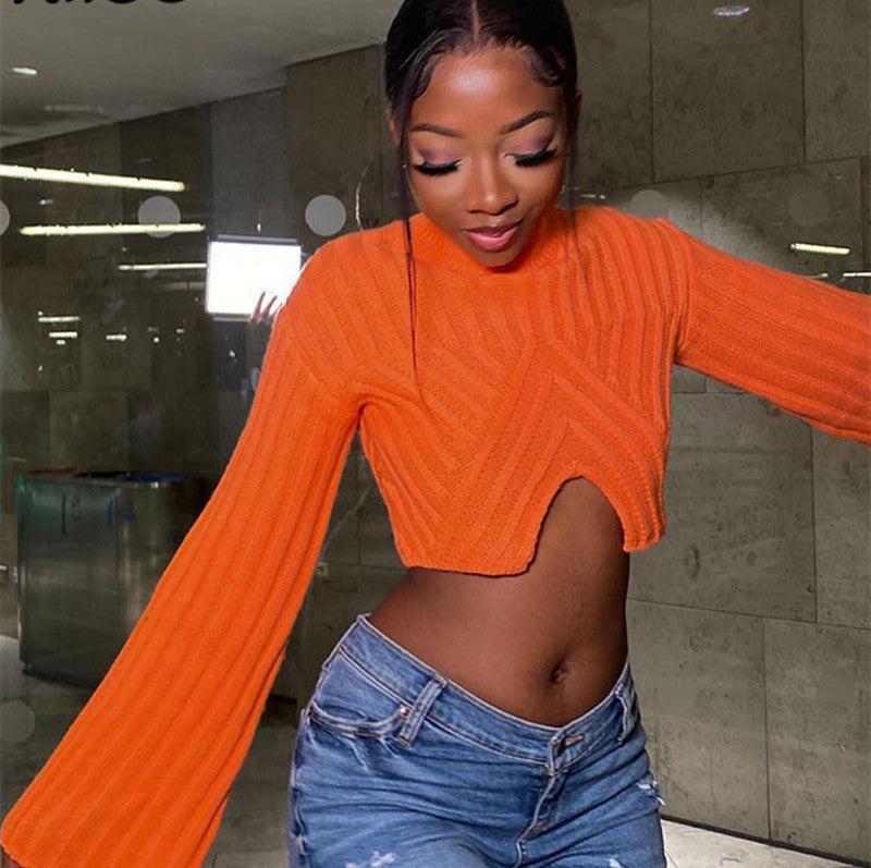 Autumn And Winter Sweater Solid Color Women Casual Long Sleeve Round Neck Classic Tight Fitting Irregular Crop Mid-Waist Women's Clothing 7