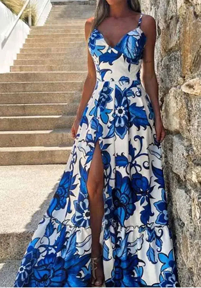 Women Elegant Print Backless Sleeveless Strap Dress