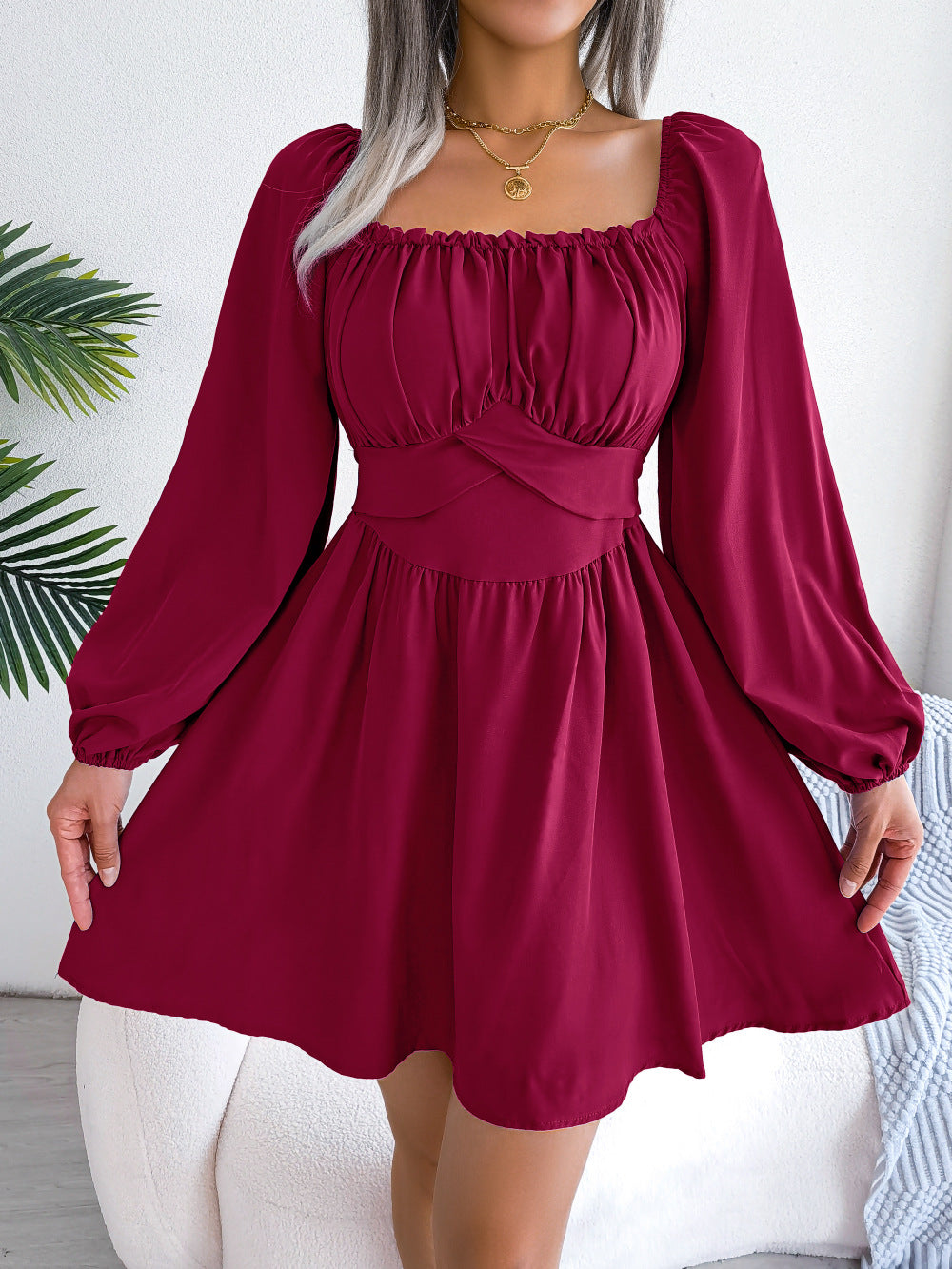 Women Casual Solid Ruffle Edge Square Neck Dress
