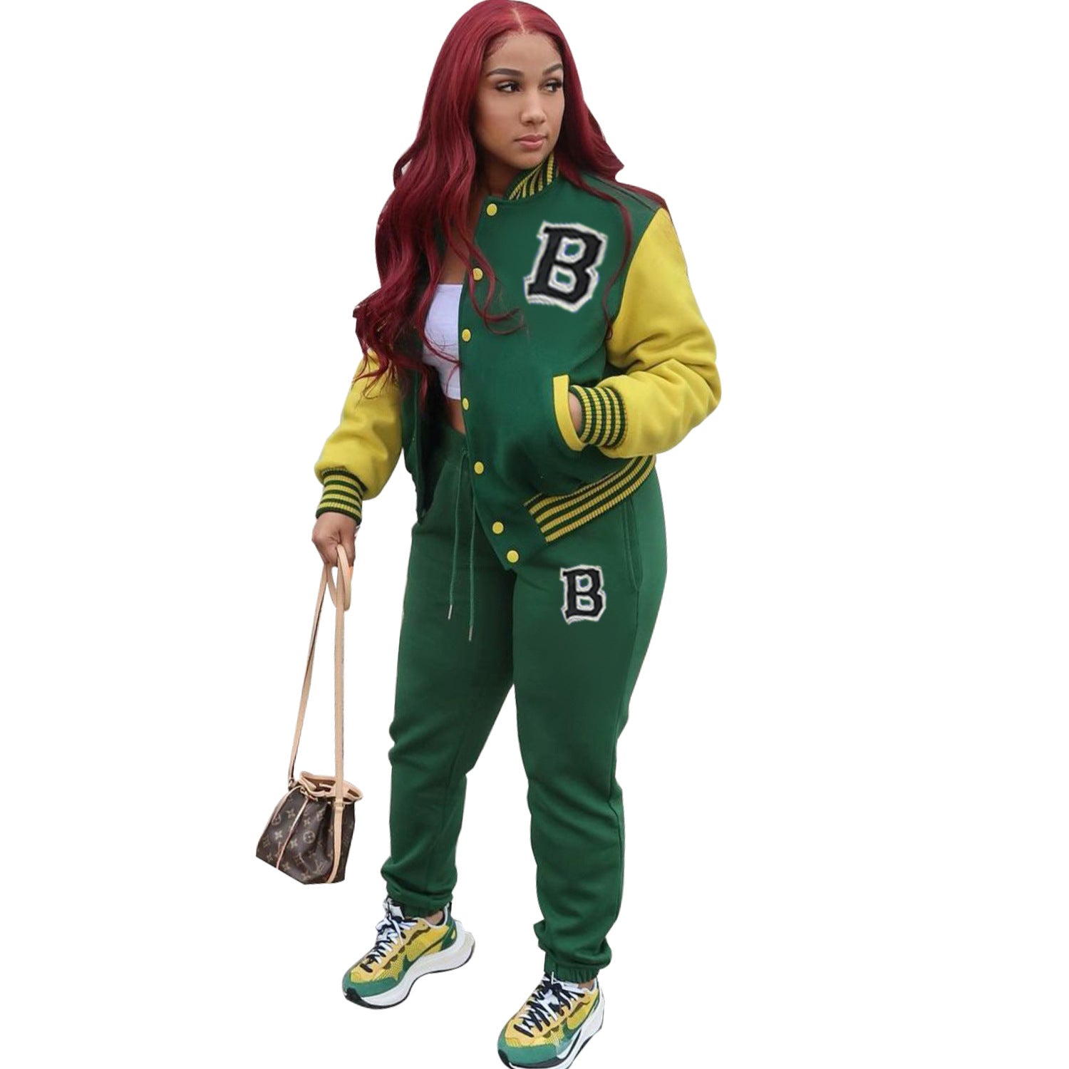 Women Letter Baseball Jacket and Pant Two-Piece Set 13