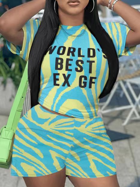 Fashionable Casual Trendy Printed Short-Sleeved Two Piece Shorts Set