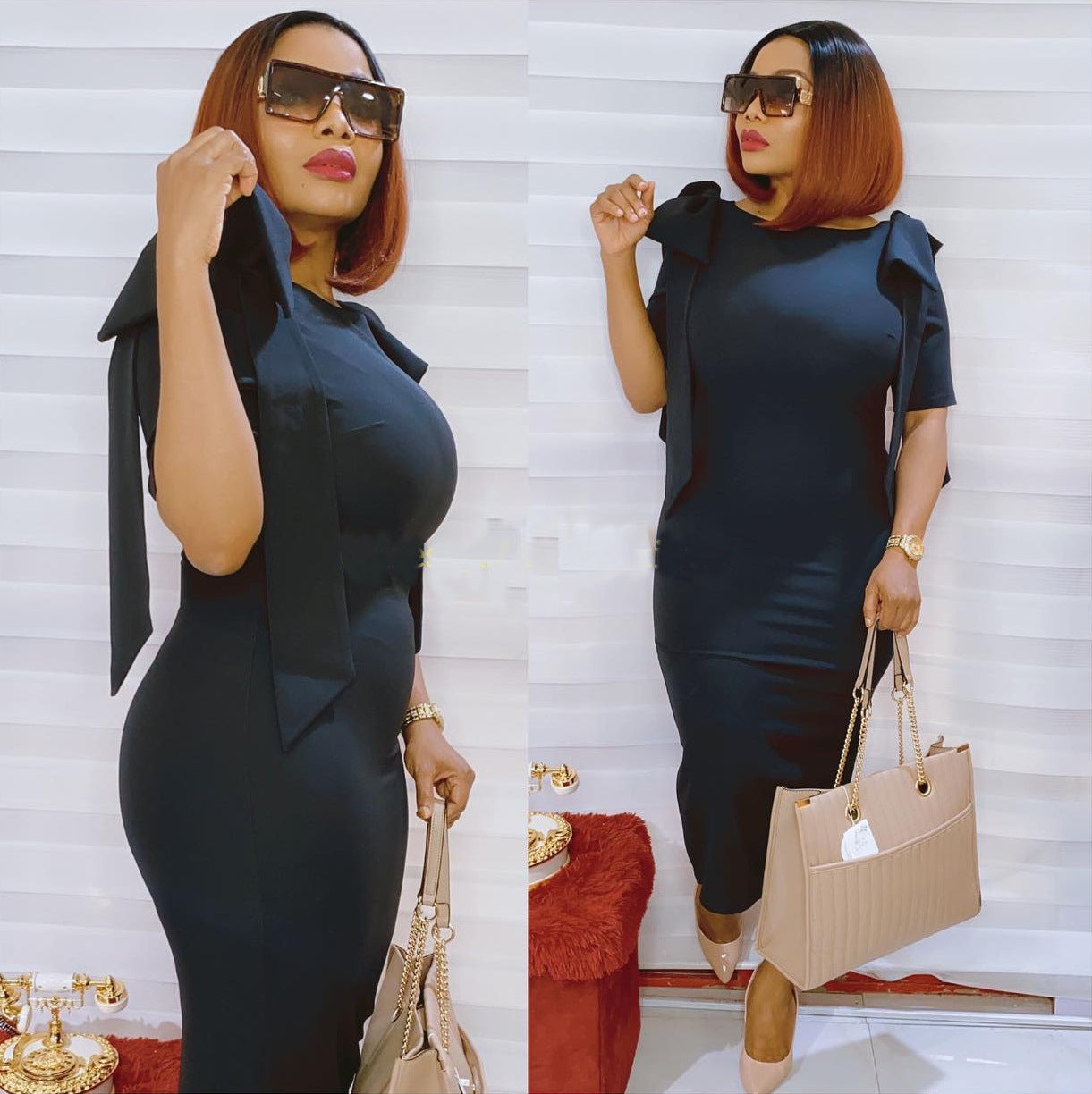 Summer African Women Bow Knot Short Sleeve Bodycon Dress 3