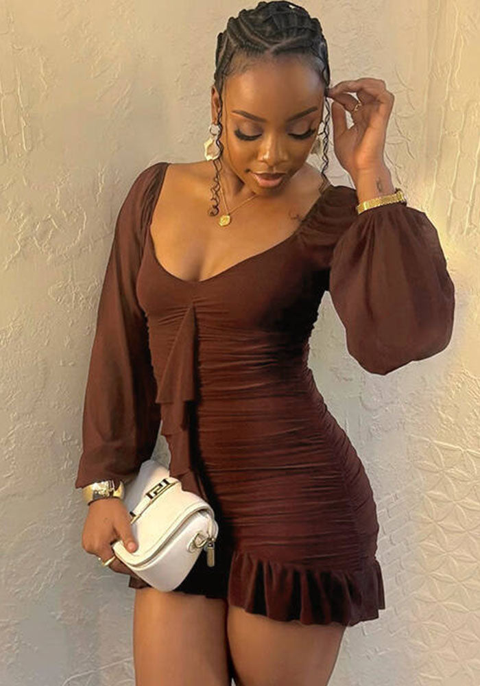 Loose Pleated U Neck Low Back Long Sleeve Dress Casual Comfort