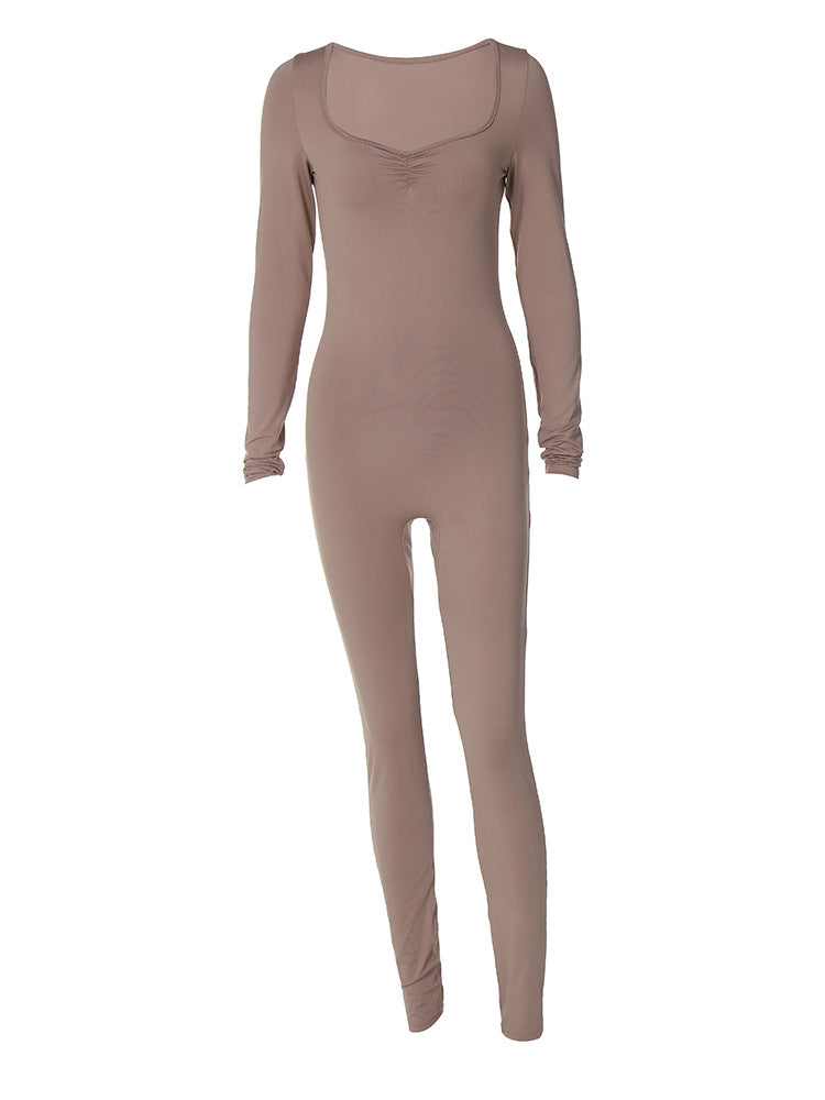 Women Winter Solid Square Neck Pleated Long Sleeve Jumpsuit 7