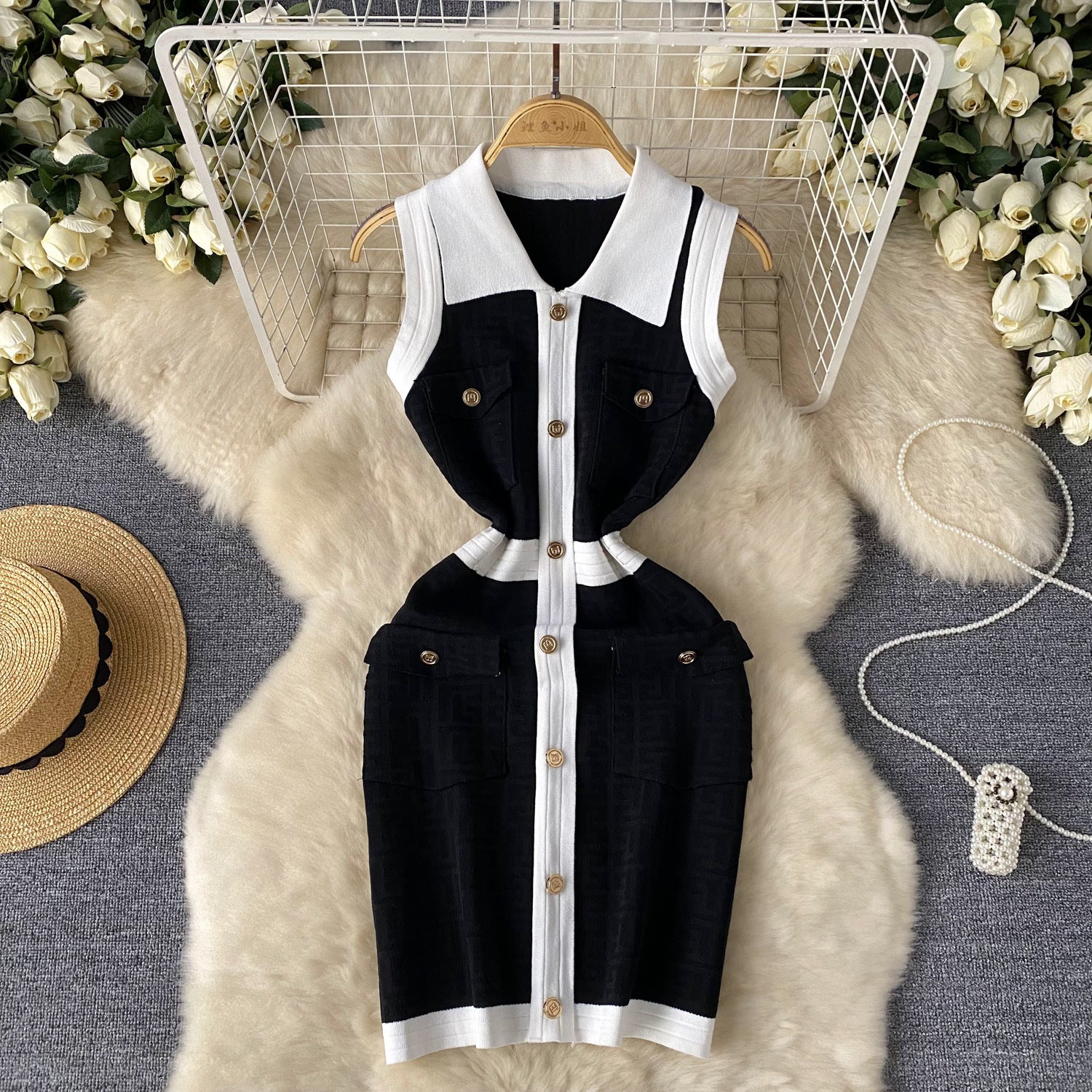 Luxury Chic Sleeveless Color-Block Button-Down Turndown Collar Knit Dress 4