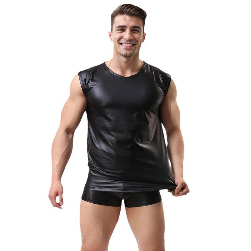Men Pu-Leather Round Neck Short Sleeve Tank Top Sexy Lingerie 6