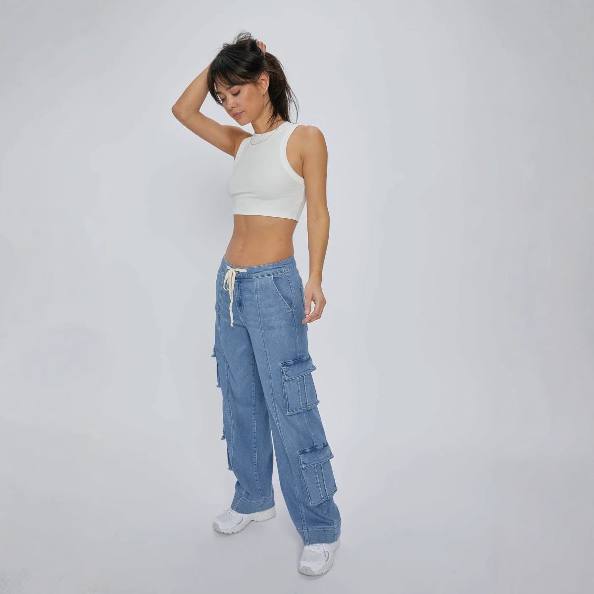 Spring Street Cargo Pants Women Multi-Pocket Wide-Leg Denim Pants 3