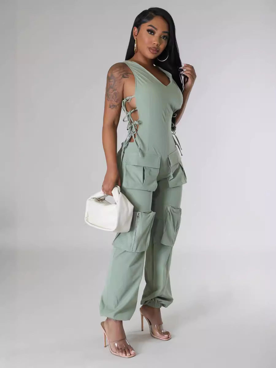 Women v-neck Lace-Up Cargo Jumpsuit 6