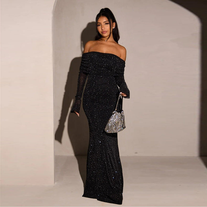 Autumn And Winter Sexy Chic Slim Sequin Off Shoulder Long Dress 3