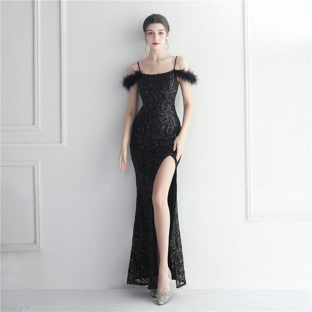 Flower Sequins Sexy Off Shoulder Strap Slit Formal Party Evening Dress 5