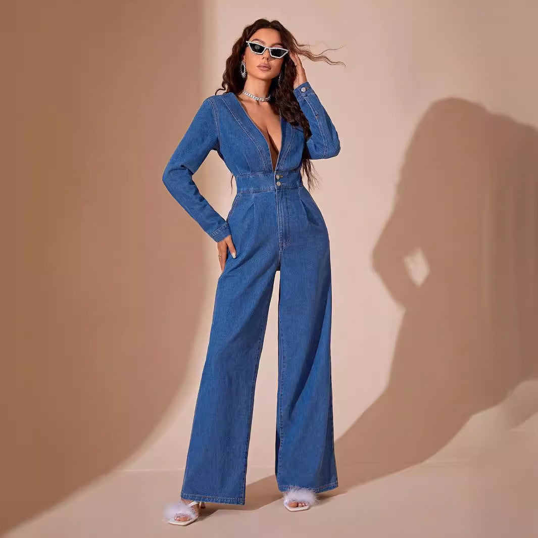Women's Casual V-Neck Long Sleeve Wide Leg Denim Jumpsuit 3