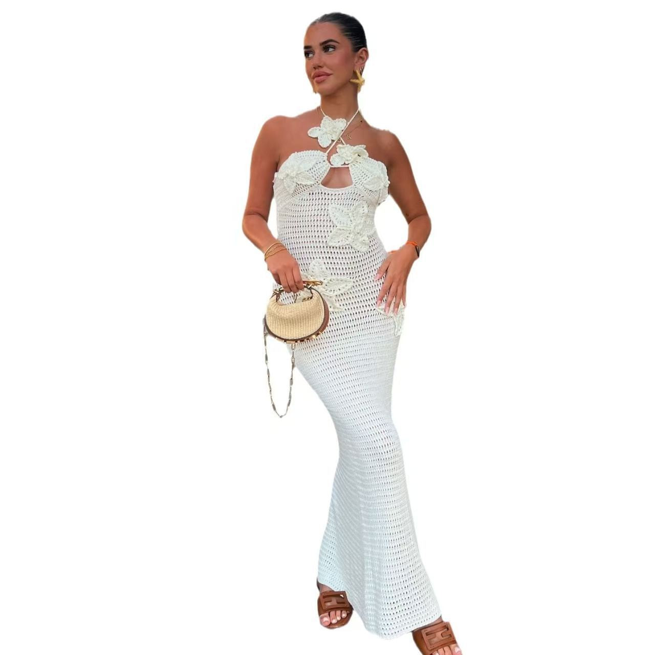 Women autumn Soid flower strap off-shoulder see-through dress 9