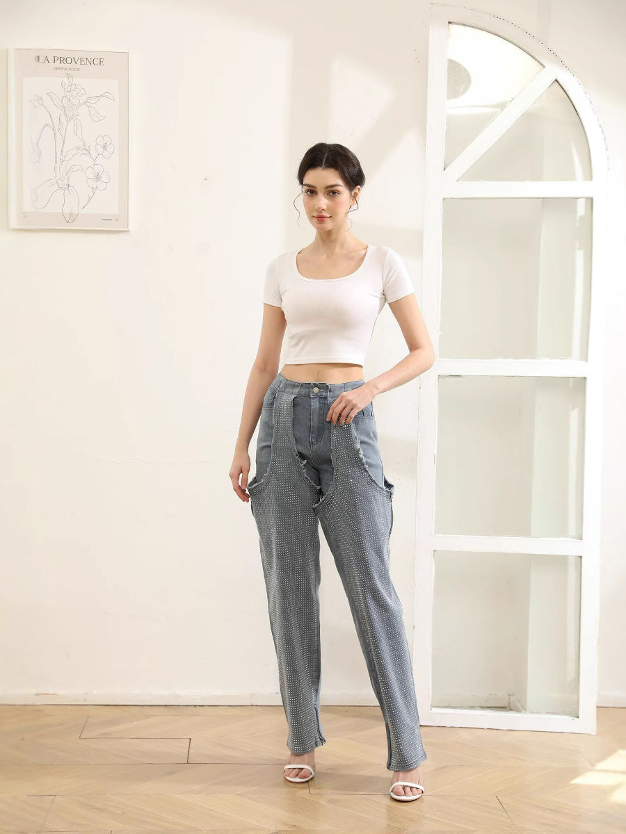 Fashion Irregular hollow Patchwork zipper Beaded elastic Denim pants 5