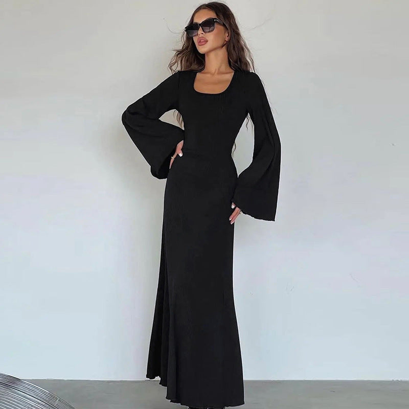 Women Autumn Loose U-neck Lace-up Long Sleeve Dress 3