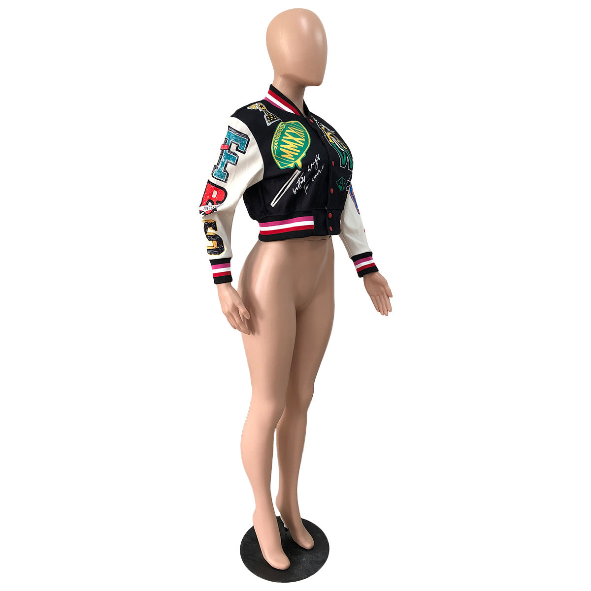 Women Ribbed Print Baseball Jacket 21