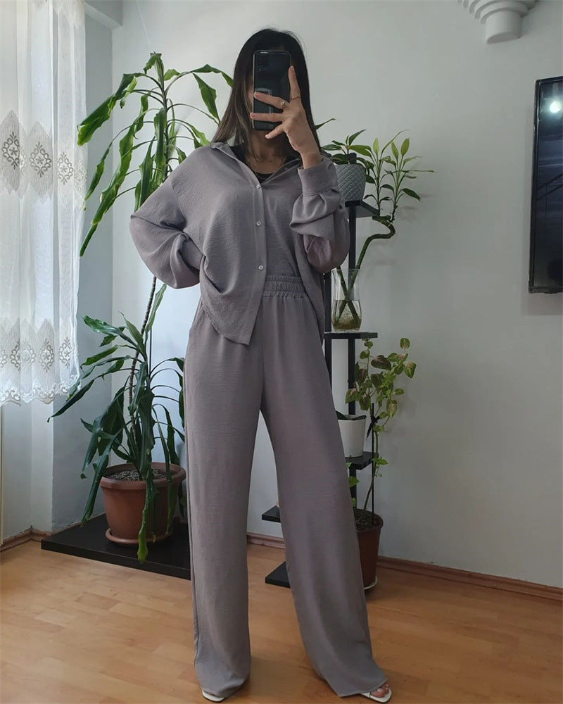 Women Solid Loose Top Casual Wide Leg Pants Two-piece Set 4