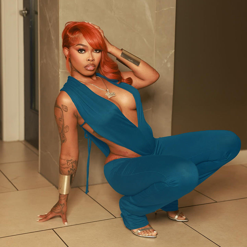 Women Spring and Summer Sexy V Neck Sleeveless Bodysuit and Flared Pants Two-piece Set 8