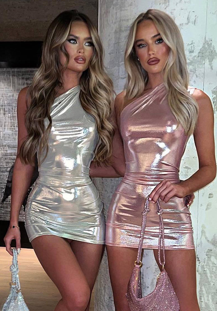 Fashion one-shoulder asymmetric pu Bodycon sexy nightclub dress