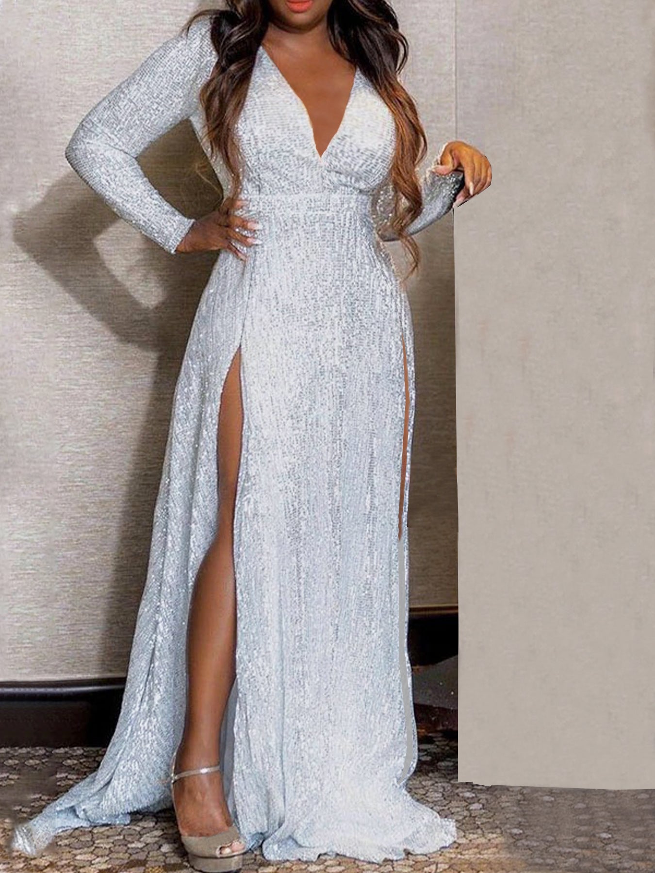 Women Sexy Slit Solid Sequin Maxi Dress