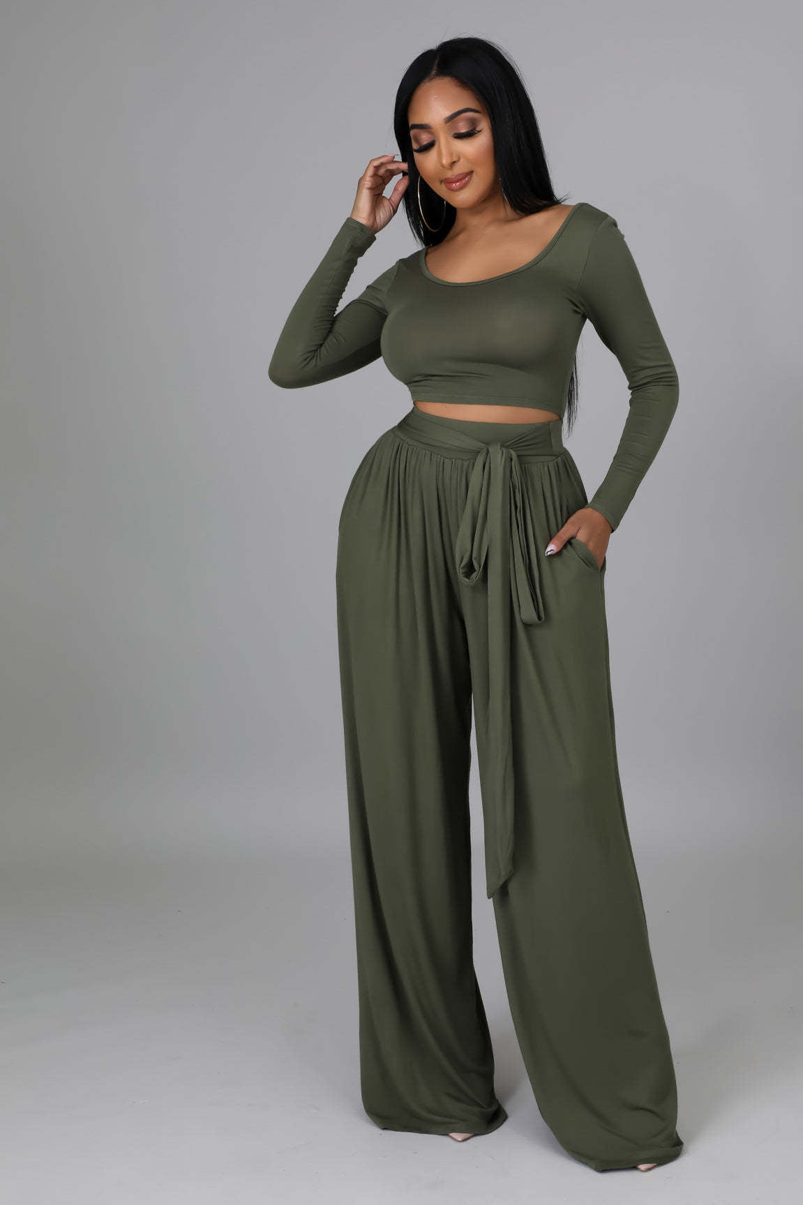Fashion Solid Color Casual Round Neck Long-Sleeved Top Wide-Leg Trousers Two Piece Set 9