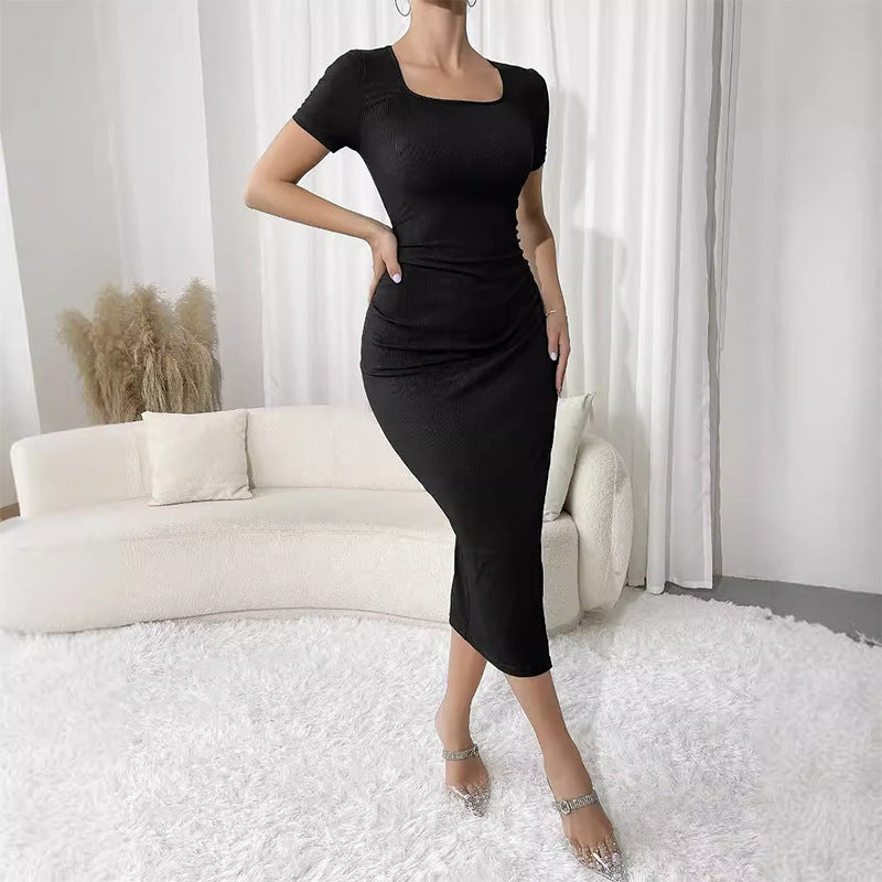 Square Neck Women Sexy Slit Slim Fit Bodycon Long Dress 7
