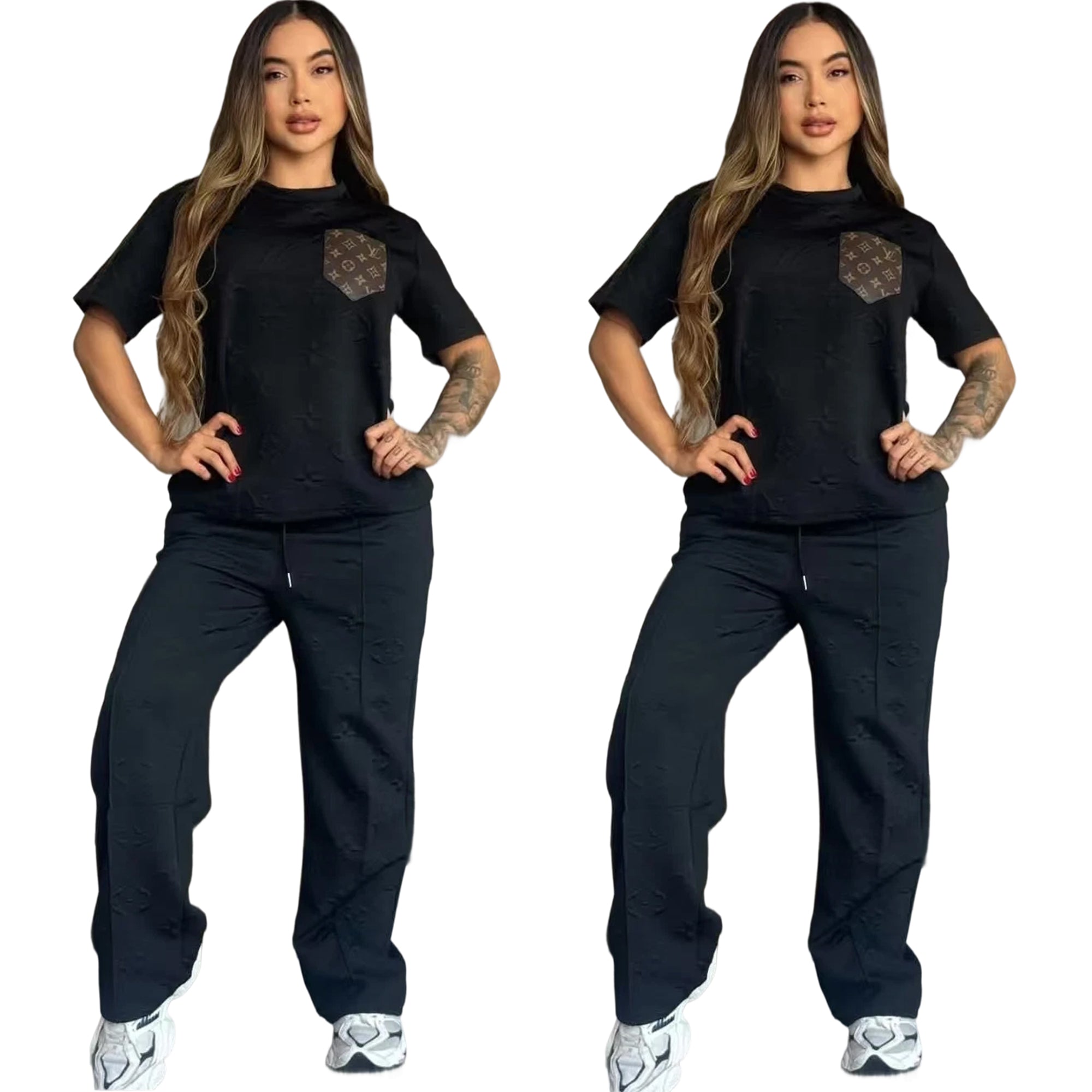 Women casual Pu-Leather pocket short-sleeved top and long pants jacquard two-piece set 4