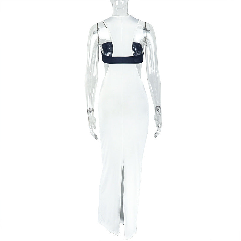 Women's Trendy Black and White Contrast V-Neck Lace Up Low Back Strap Bodycon Dress 6