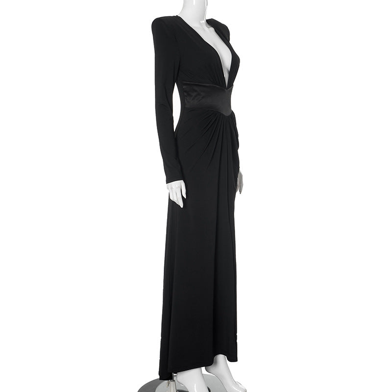 Women V Neck Shoulder Pad Long Sleeve Slit Sexy Maxi Dress 7