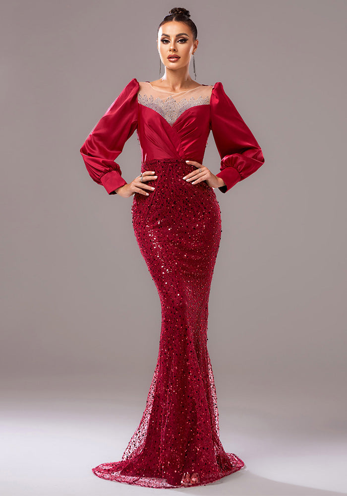 Chic Long Sleeve Round Neck Formal Party Bodycon Beaded Sequin Evening Dress Women Bridesmaid Gown